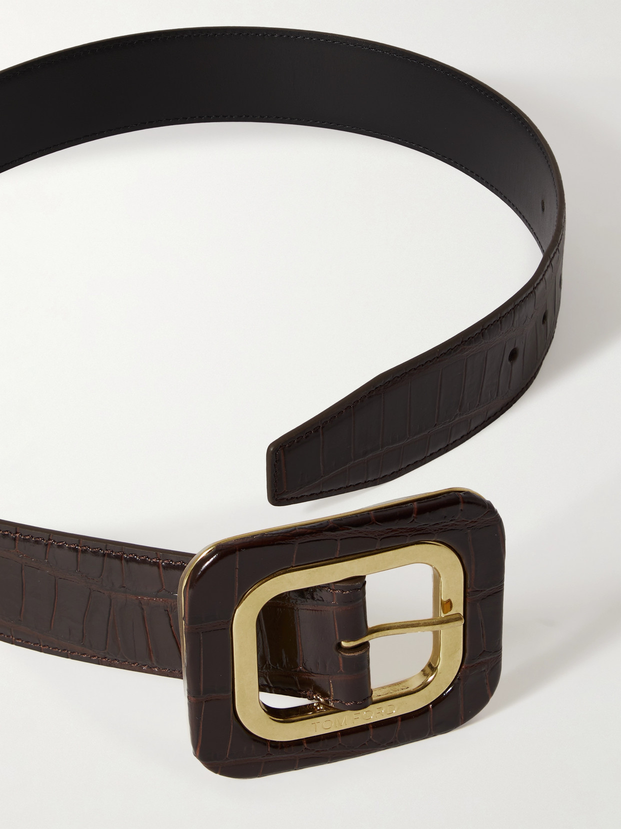 Tom Ford Frame Croc-effect Glossed-leather Waist Belt In Brown