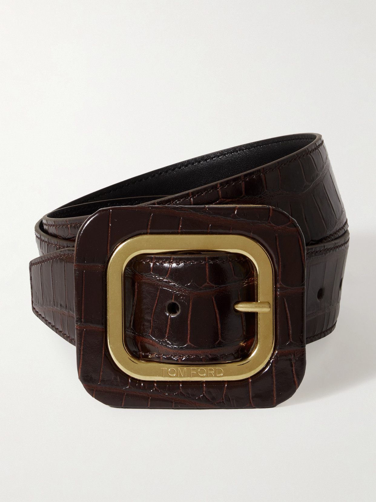 Tom Ford Frame Croc-effect Glossed-leather Waist Belt In Brown