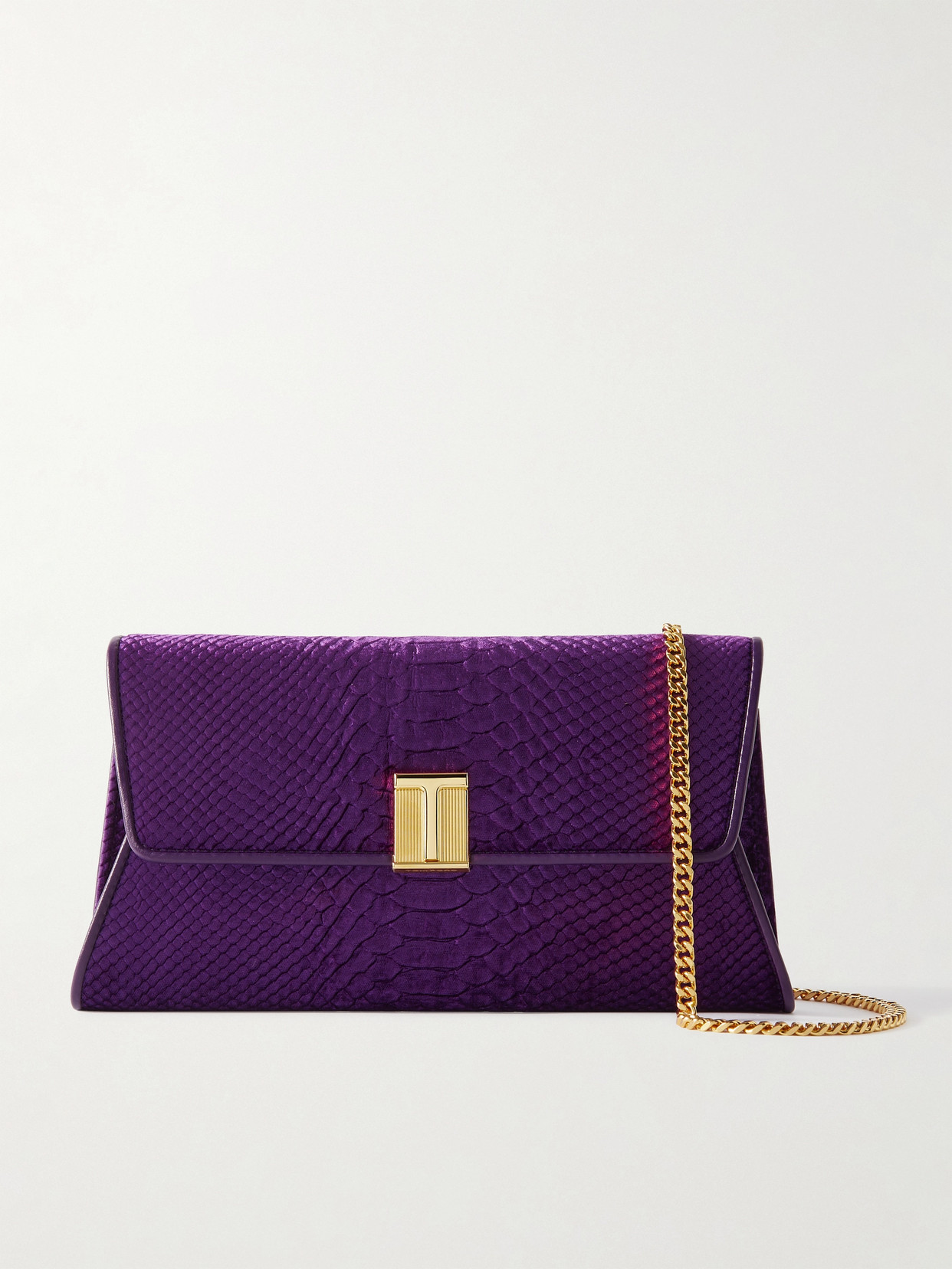 TOM FORD - Nobile Chain-embellished Leather-trimmed Snake-effect Velvet Clutch - Purple