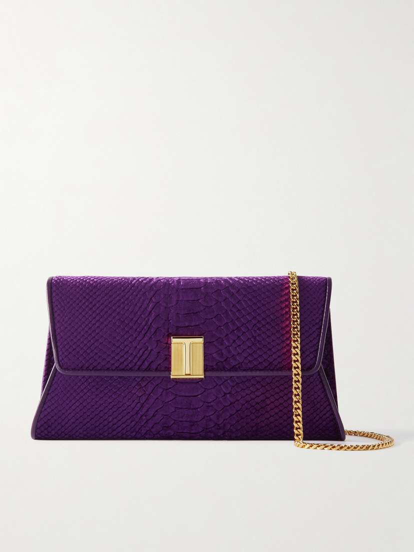 Tom Ford Nobile Chain-embellished Leather-trimmed Snake-effect Velvet Clutch