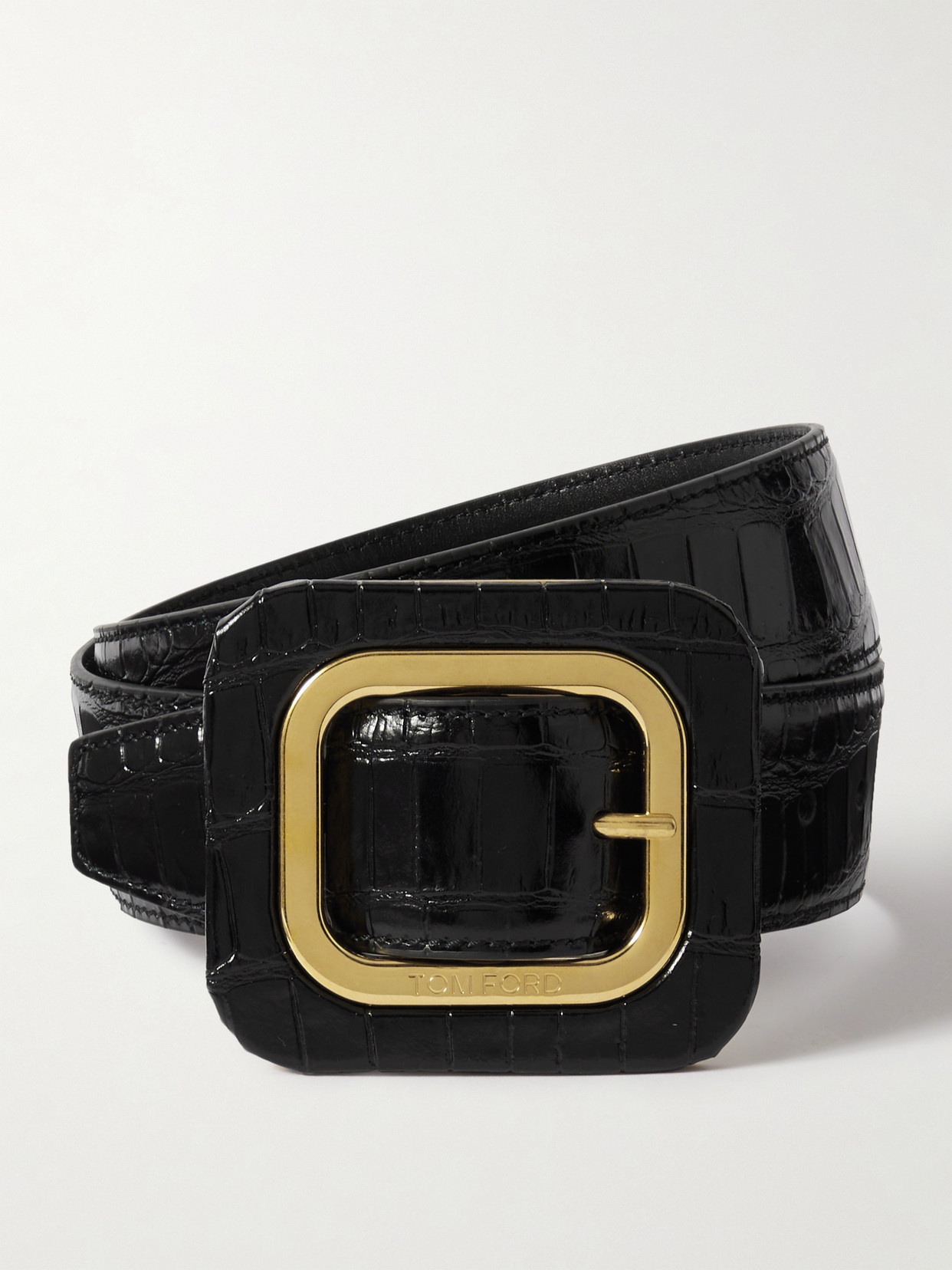 Tom Ford Frame Croc-effect Glossed-leather Waist Belt In Black