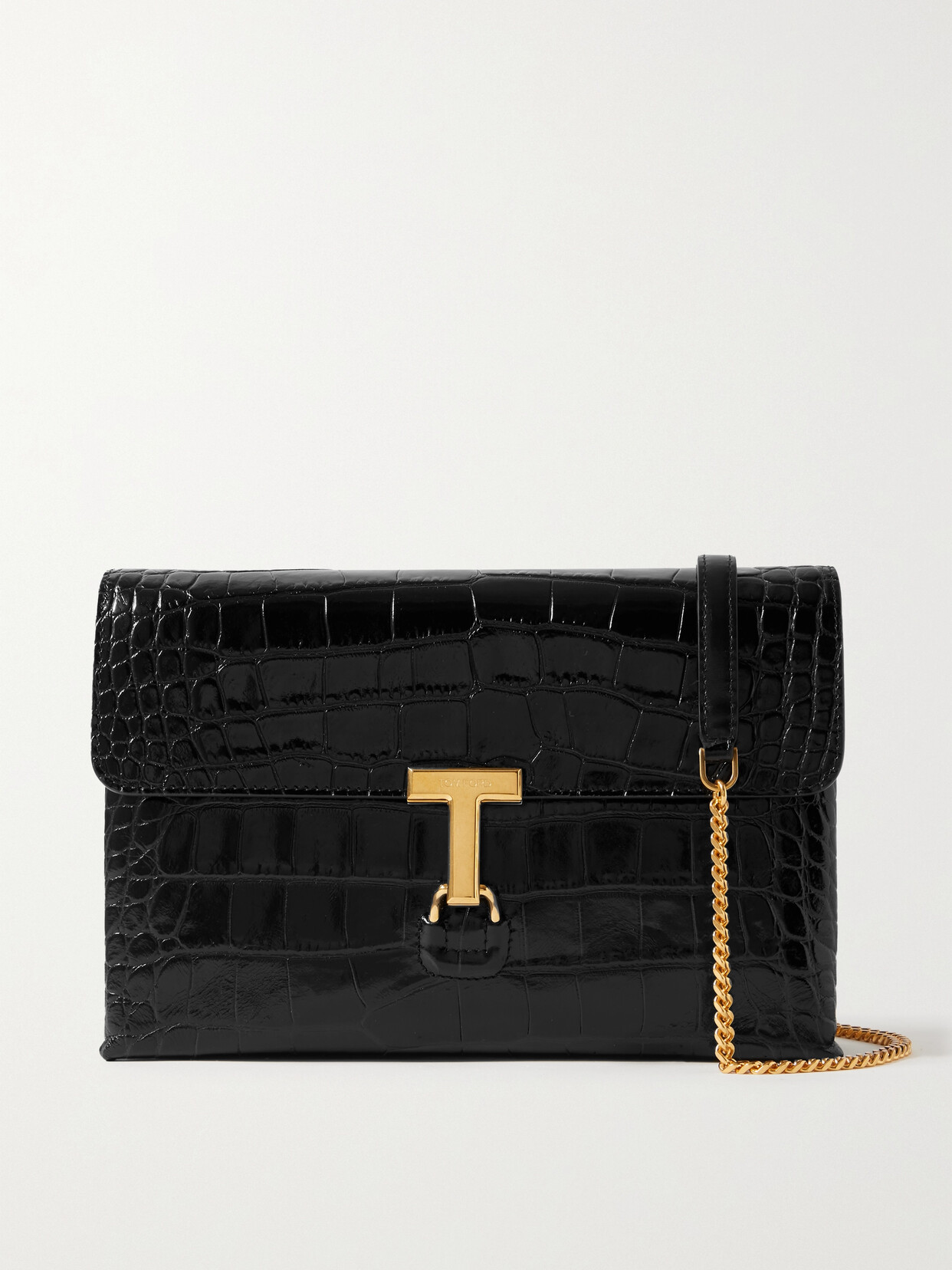 Shop Tom Ford Monarch Medium Glossed Croc-effect Leather Shoulder Bag In Black