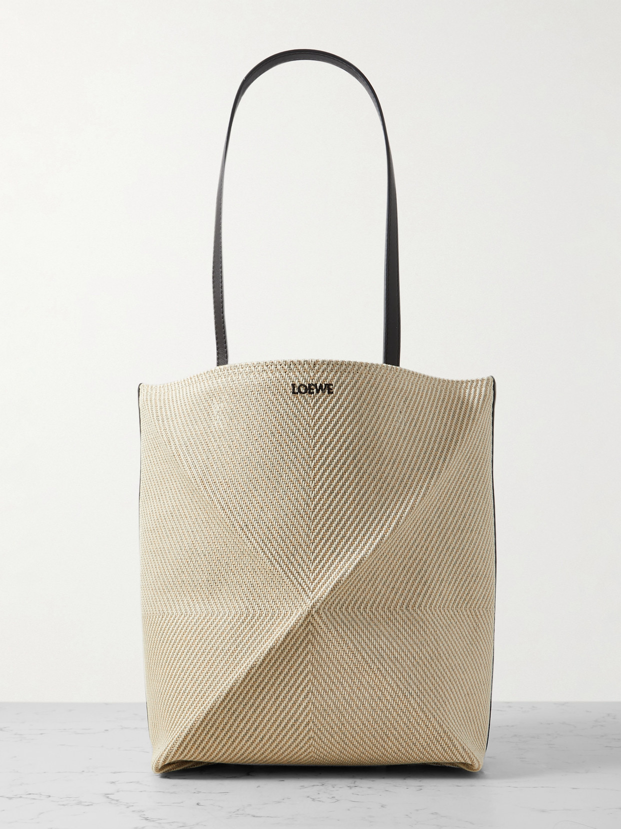 Loewe Puzzle Fold Leather-trimmed Canvas Tote In Neutral