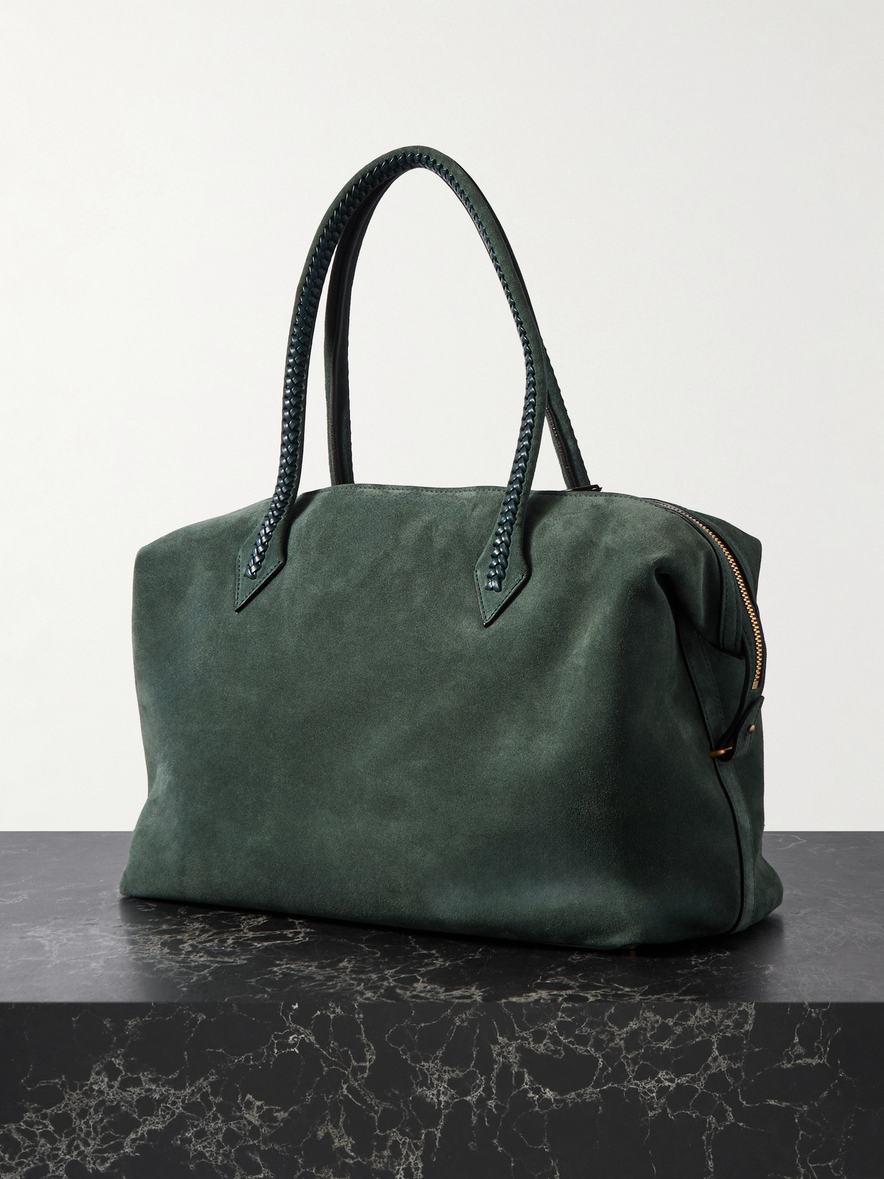Metier Perriand All Day Braided Leather-trimmed Suede Tote In Green