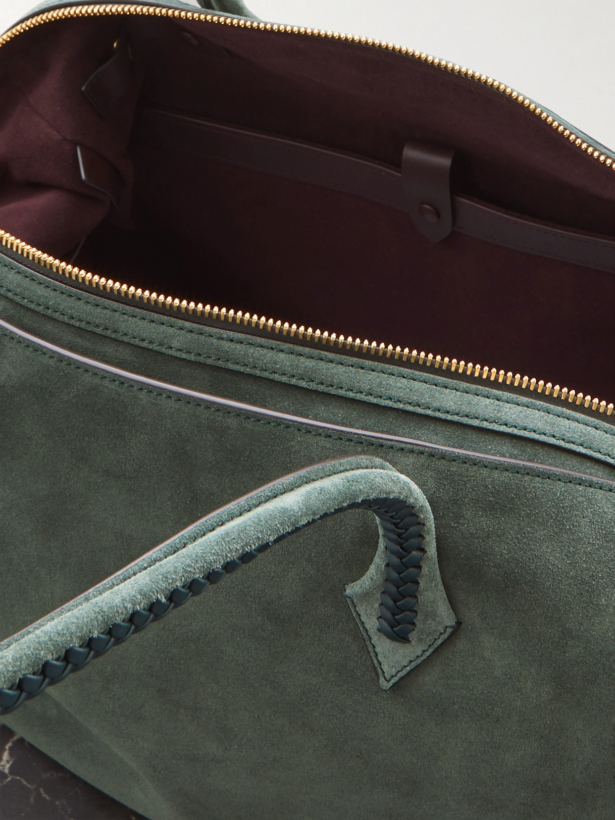 Metier Perriand All Day Braided Leather-trimmed Suede Tote In Green