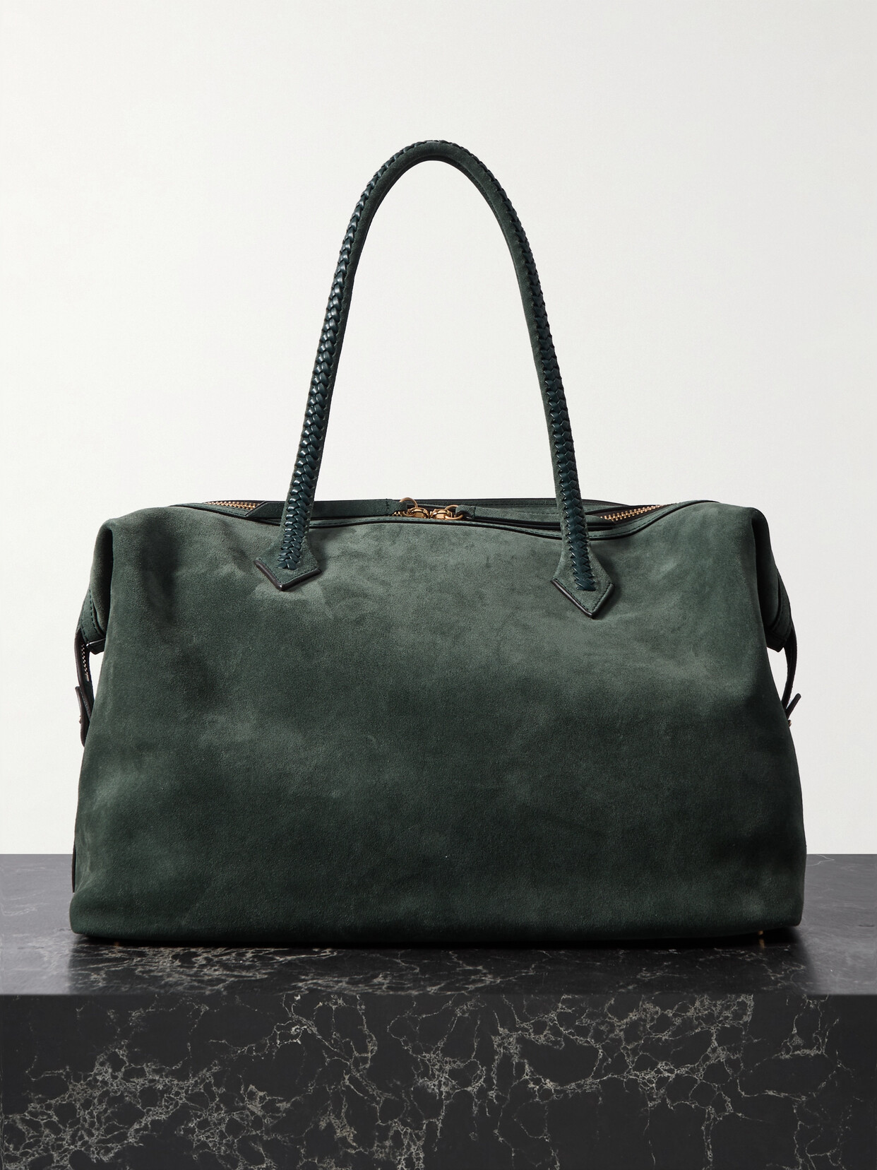 Metier Perriand All Day Braided Leather-trimmed Suede Tote In Green