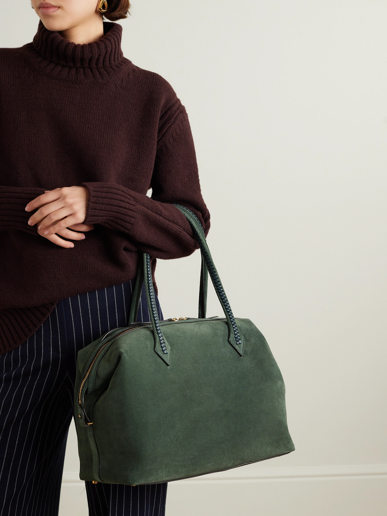 Metier Perriand All Day Braided Leather-trimmed Suede Tote In Green