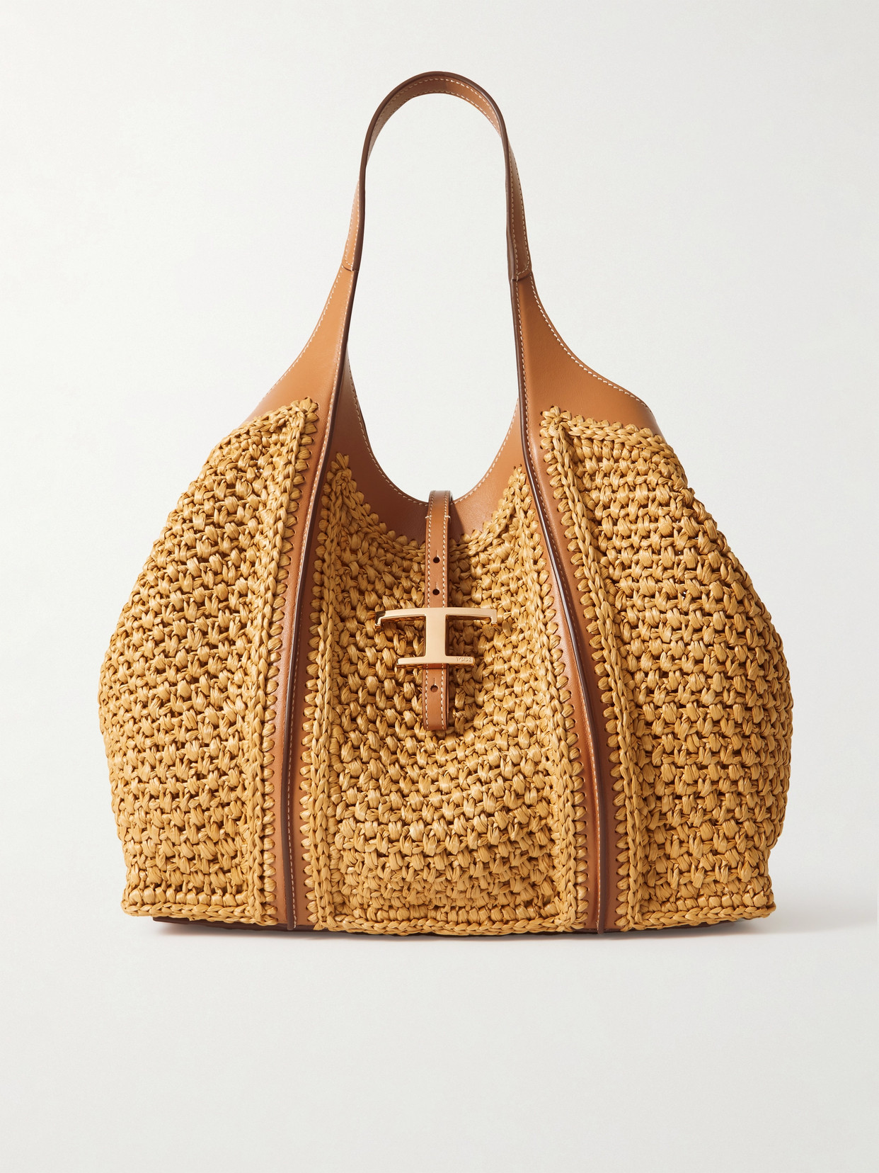 Tod's T Timeless Leather-trimmed Raffia Shoulder Bag In Brown