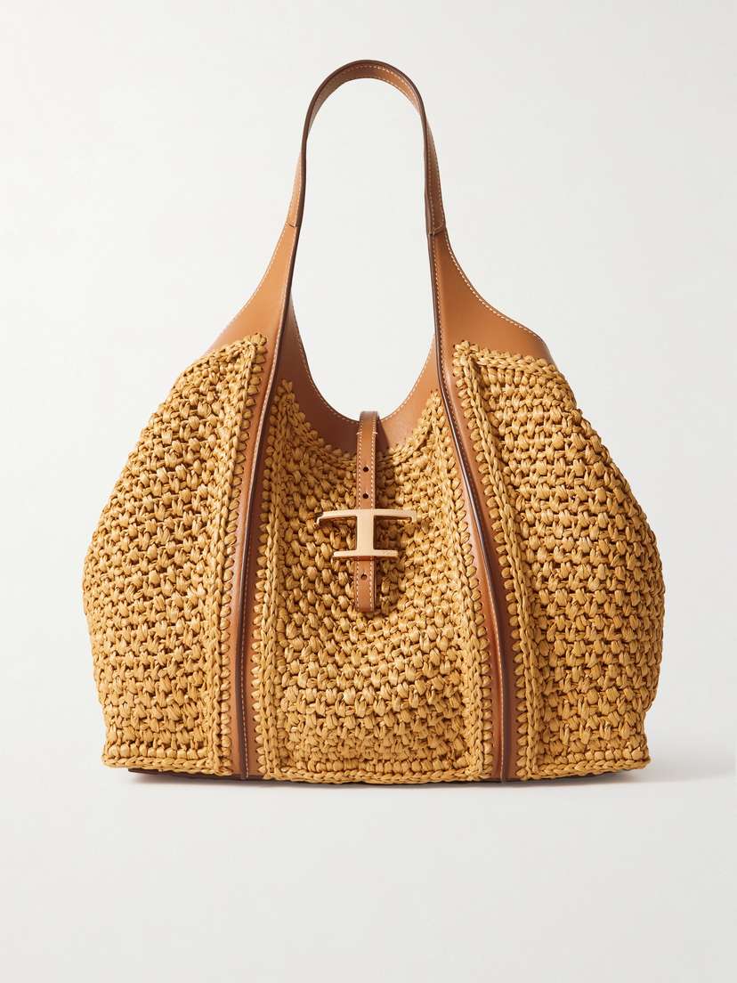 Tod's T Timeless Leather-trimmed Raffia Shoulder Bag