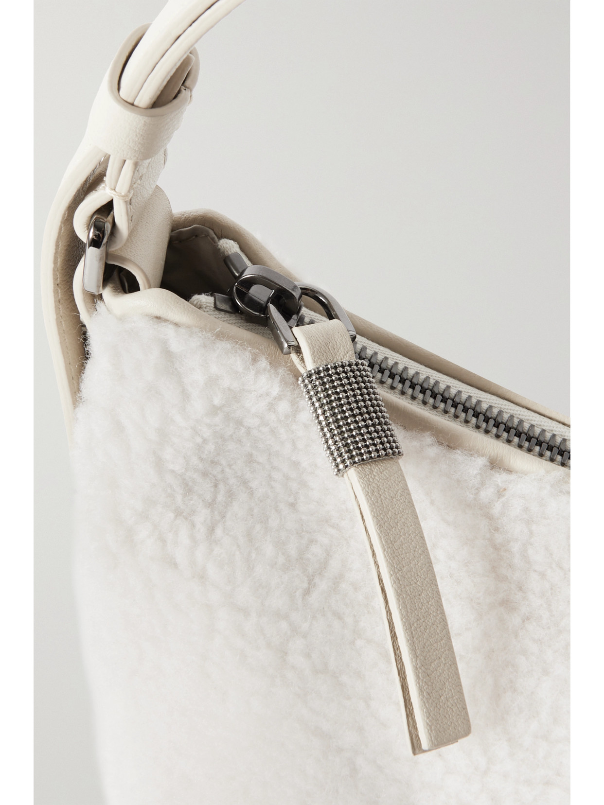 Brunello Cucinelli Small Leather-trimmed Faux Fur Shoulder Bag In White