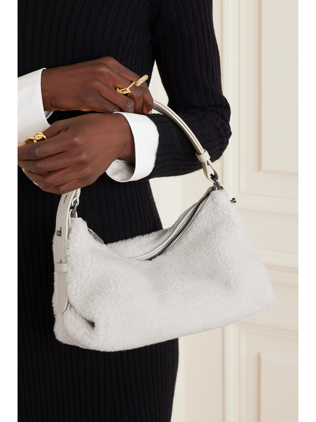 Shop Brunello Cucinelli Small Leather-trimmed Faux Fur Shoulder Bag In White