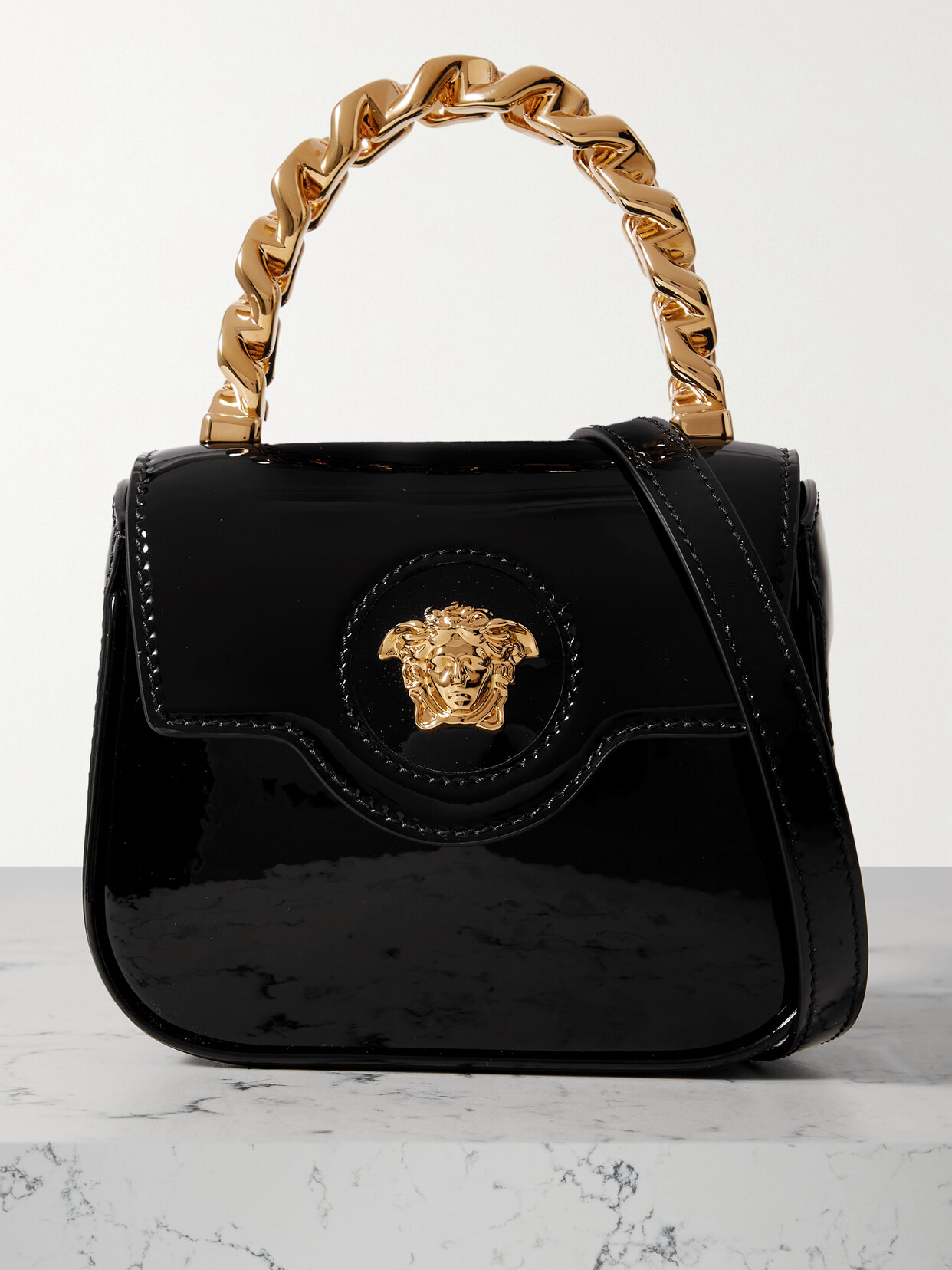 Versace La Medusa Embellished Patent-leather Shoulder Bag In Black