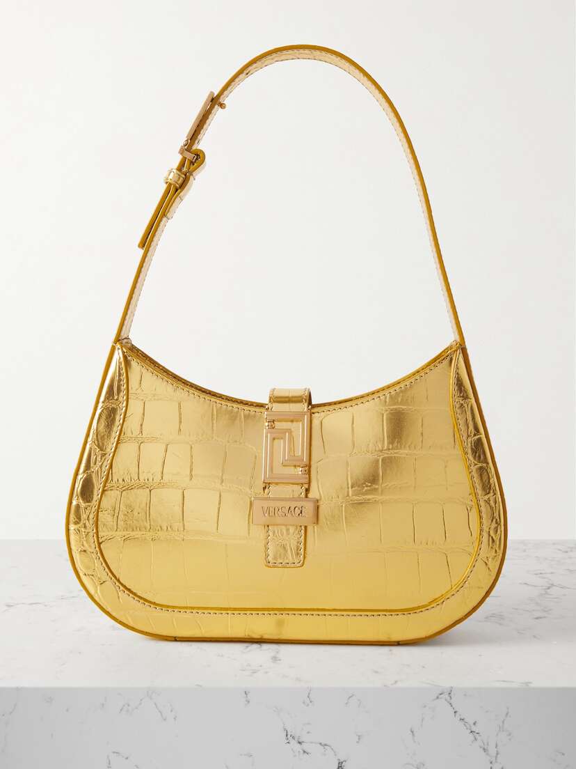 Versace Small Croc-effect Metallic Leather Shoulder Bag
