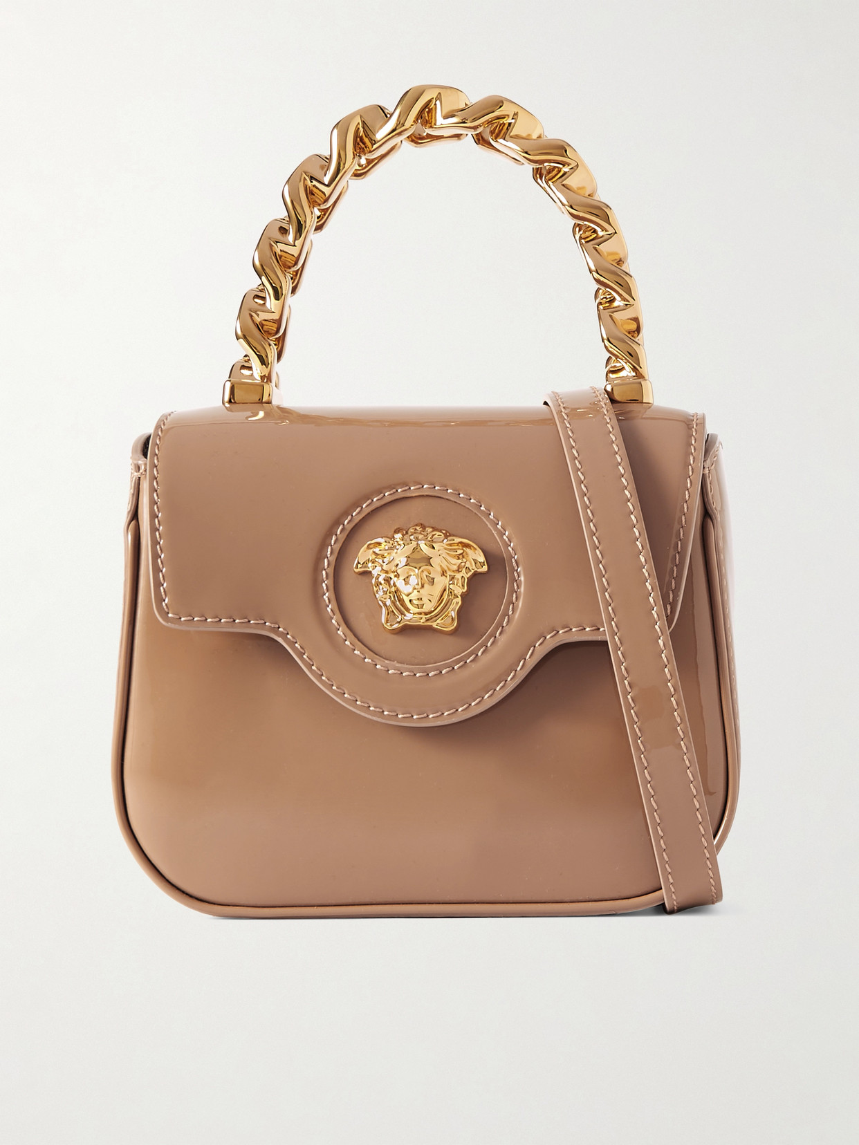 Versace - La Medusa Embellished Patent-leather Shoulder Bag - Neutrals