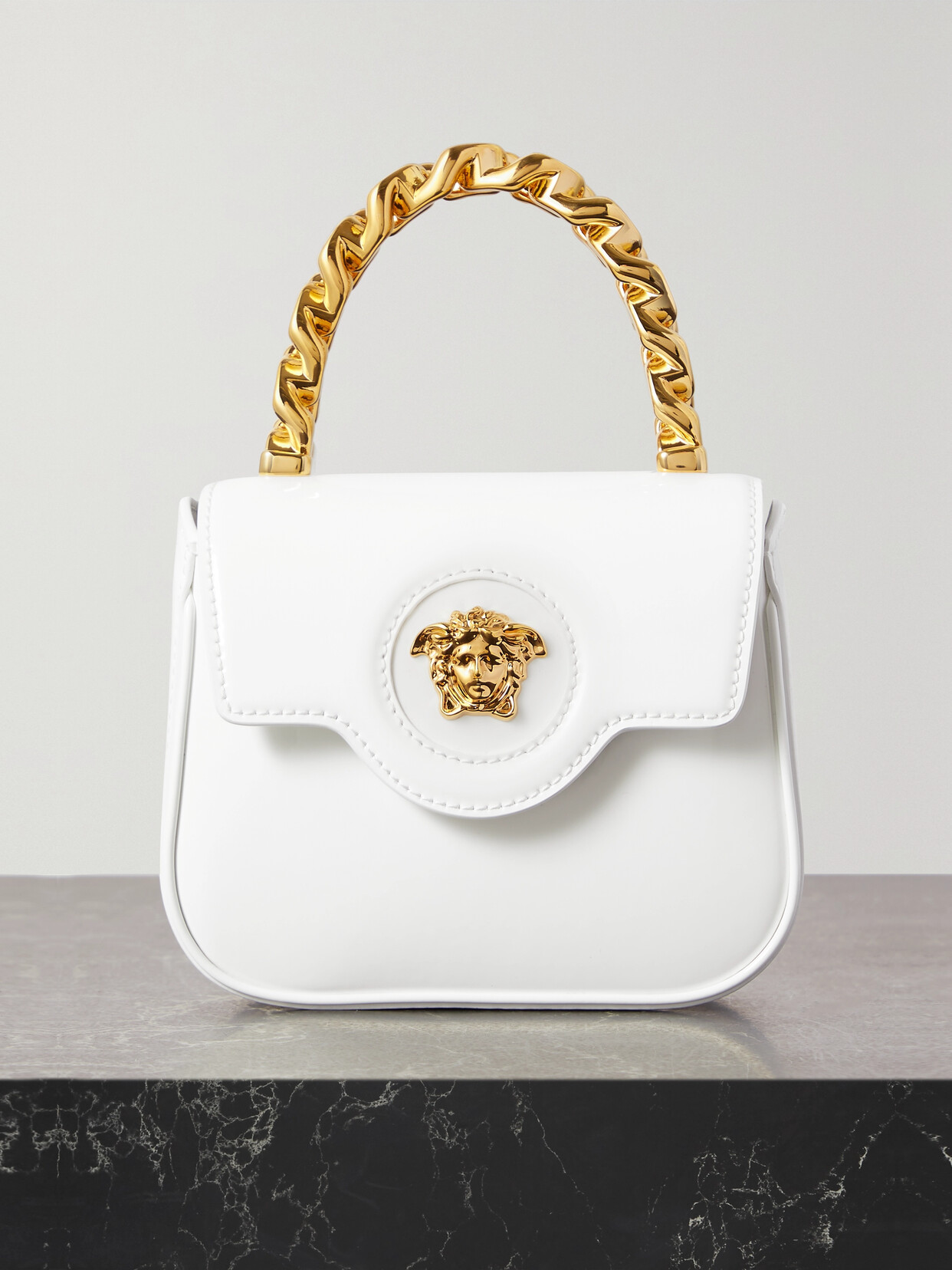 Versace La Medusa Embellished Leather Shoulder Bag In White