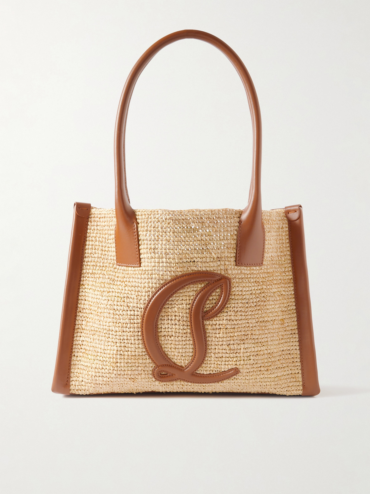 Shop Christian Louboutin By My Side Small Leather-trimmed Raffia Tote In Neutrals