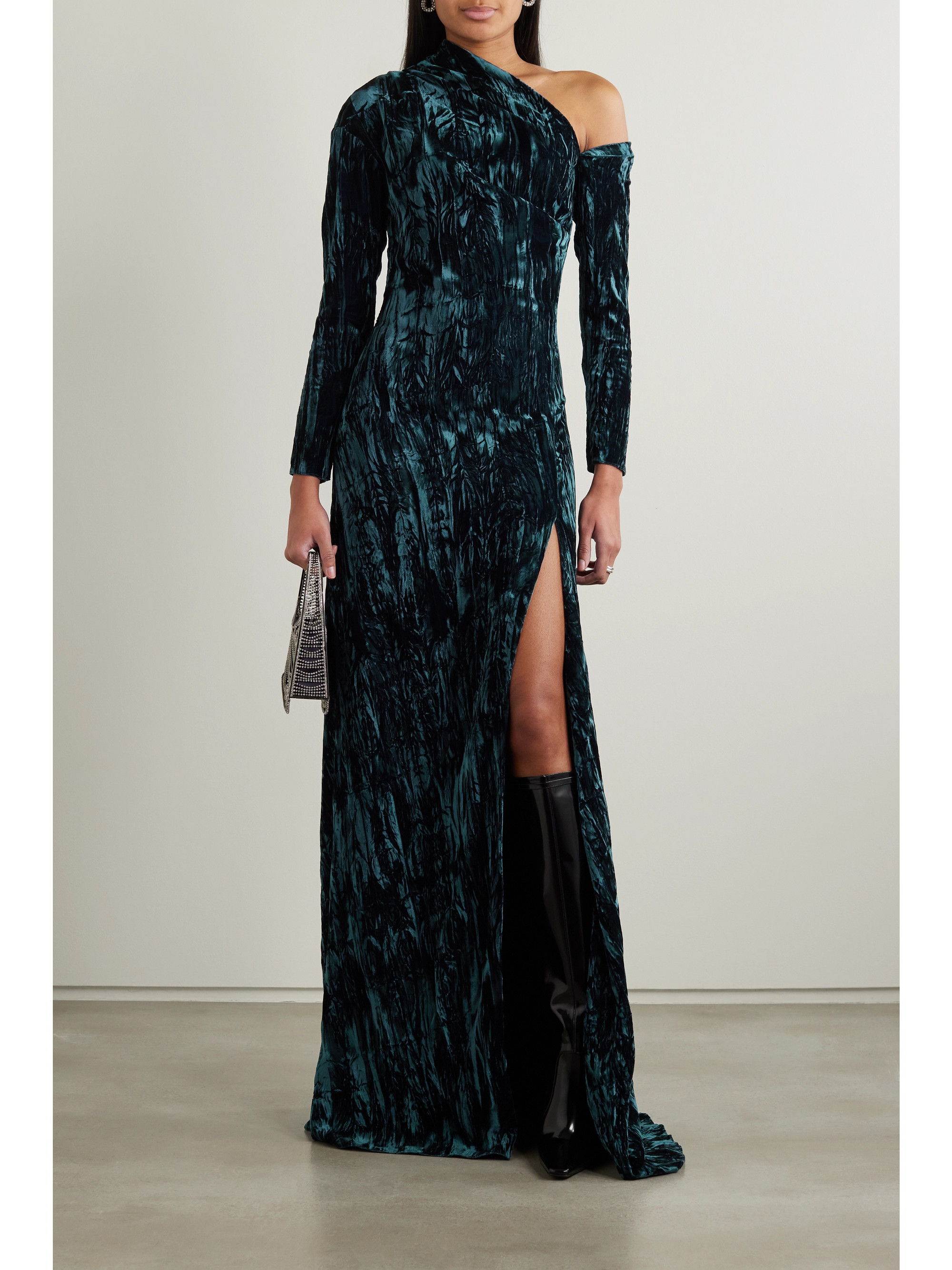 16Arlington Alder one-shoulder crushed-velvet gown