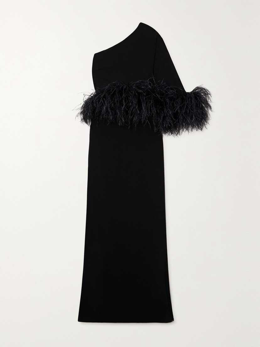 16Arlington Alder One-shoulder Feather-trimmed Crepe Gown