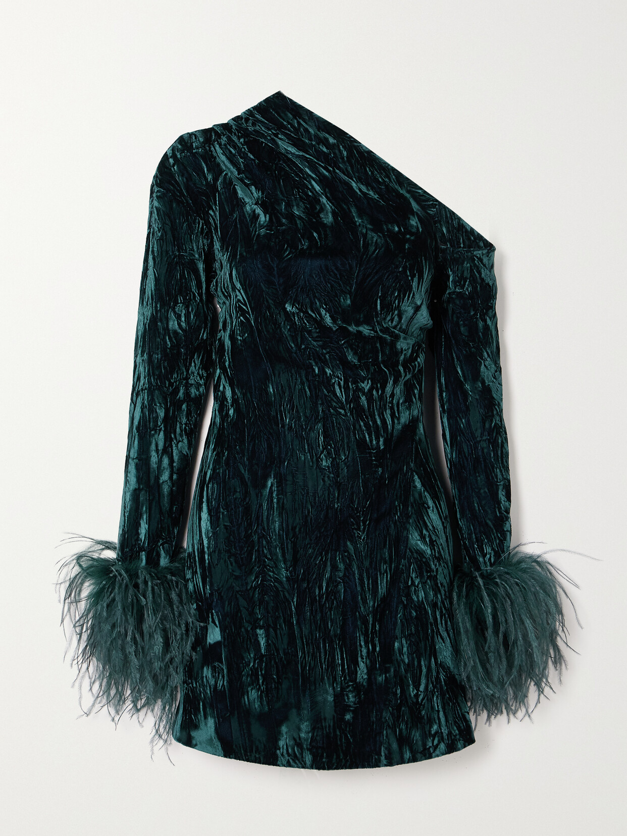 16ARLINGTON - Adelaide One-shoulder Feather-trimmed Crushed-velvet Mini Dress - Blue