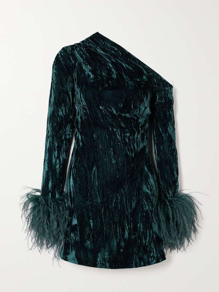 16ARLINGTON Adelaide One-shoulder Feather-trimmed Crushed-velvet Mini Dress