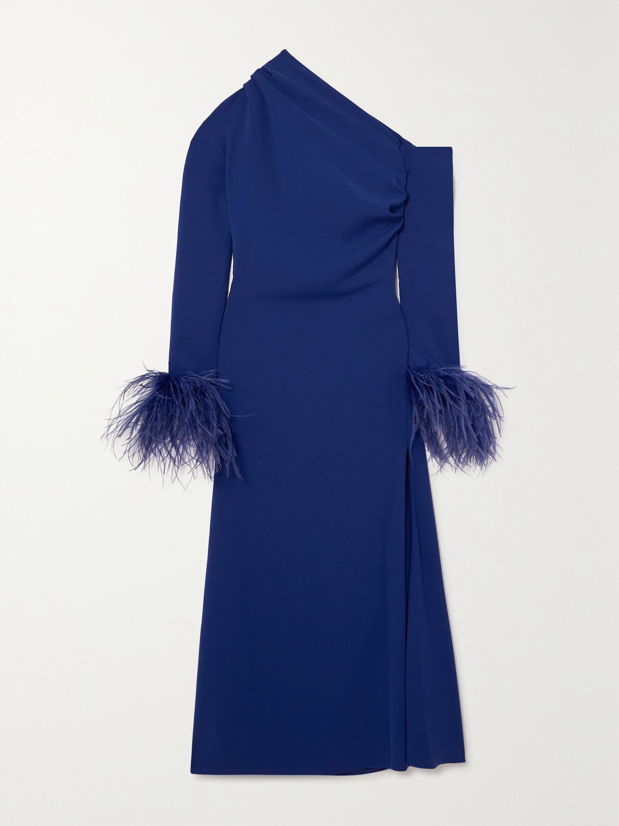 16ARLINGTON Adelaide One-shoulder Feather-trimmed Crepe Midi Dress - Blue