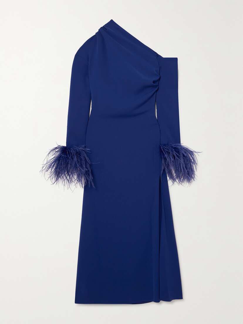 16ARLINGTON Adelaide One-shoulder Feather-trimmed Crepe Midi Dress