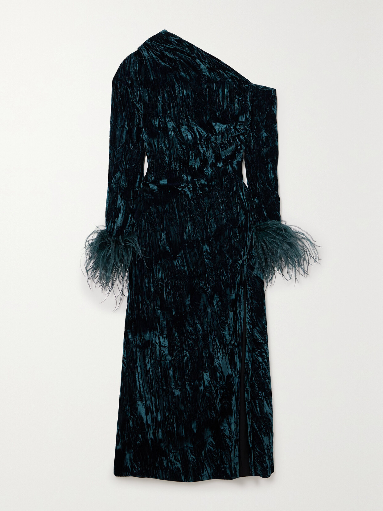 16arlington Adelaide One-shoulder Feather-trimmed Crushed-velvet Midi Dress In Blue