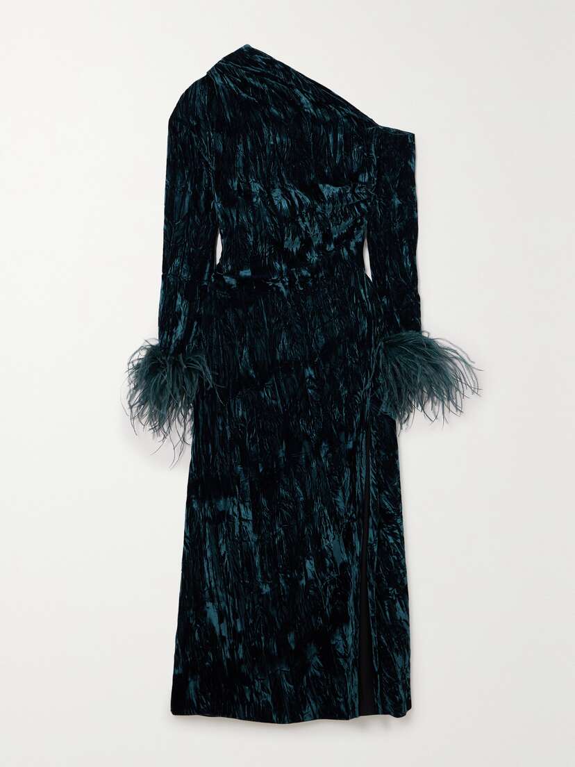 16ARLINGTON Adelaide One-shoulder Feather-trimmed Crushed-velvet Midi Dress