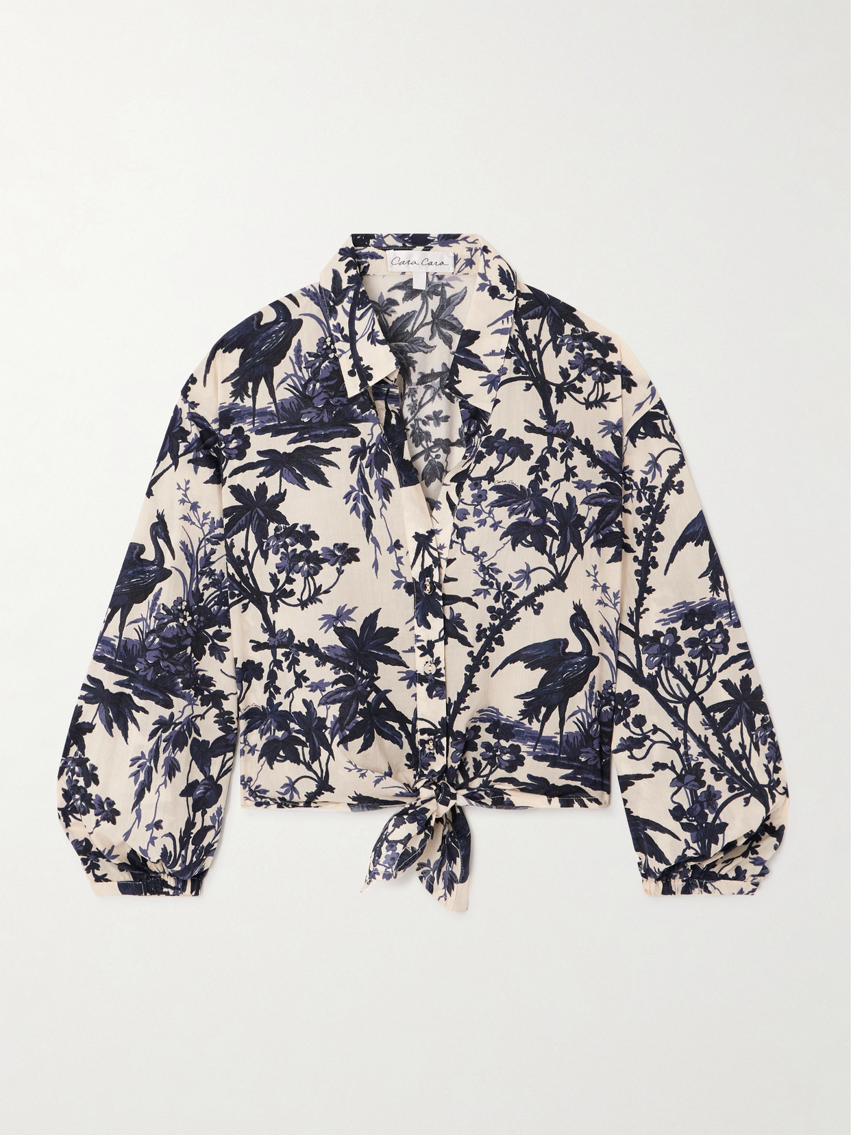 Cara Cara Rumson Cropped Tie-detailed Printed Cotton-voile Shirt In Blue