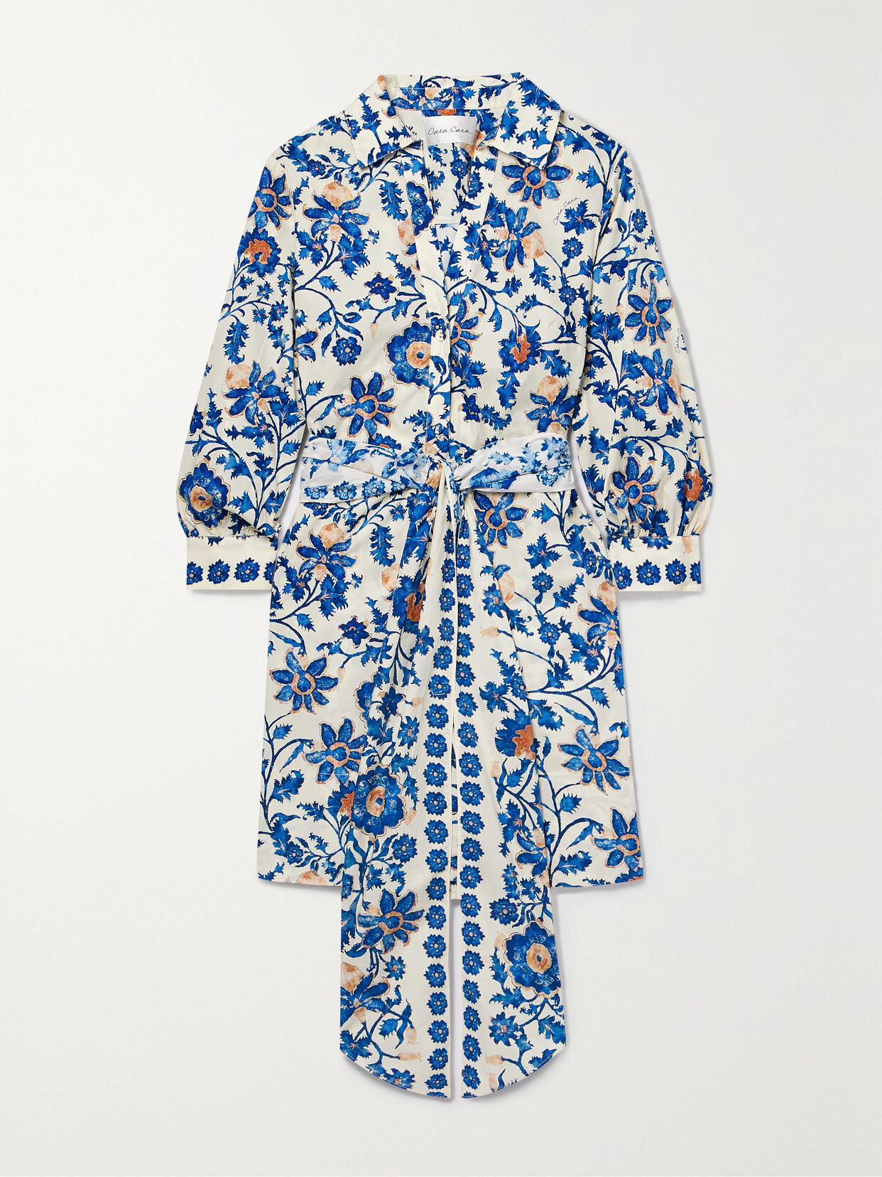 Cara Cara Leighton Tie-detailed Floral-print Cotton-poplin Mini Shirt Dress In Blue