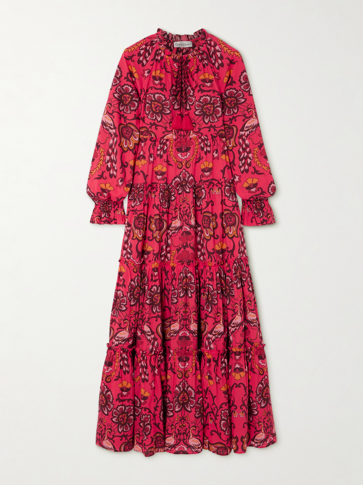 Shop Cara Cara Grazia Tiered Gathered Floral-print Cotton-voile Maxi Dress In Red