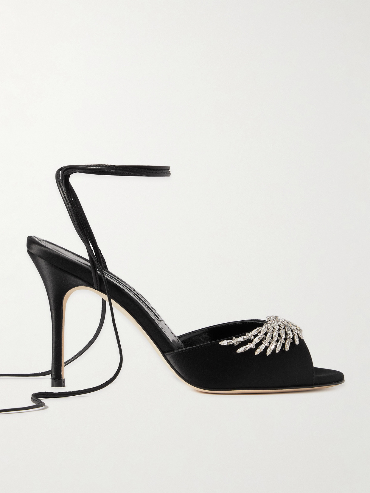 Manolo Blahnik Plumena 90 Crystal-embellished Satin Lace-up Sandals In Black