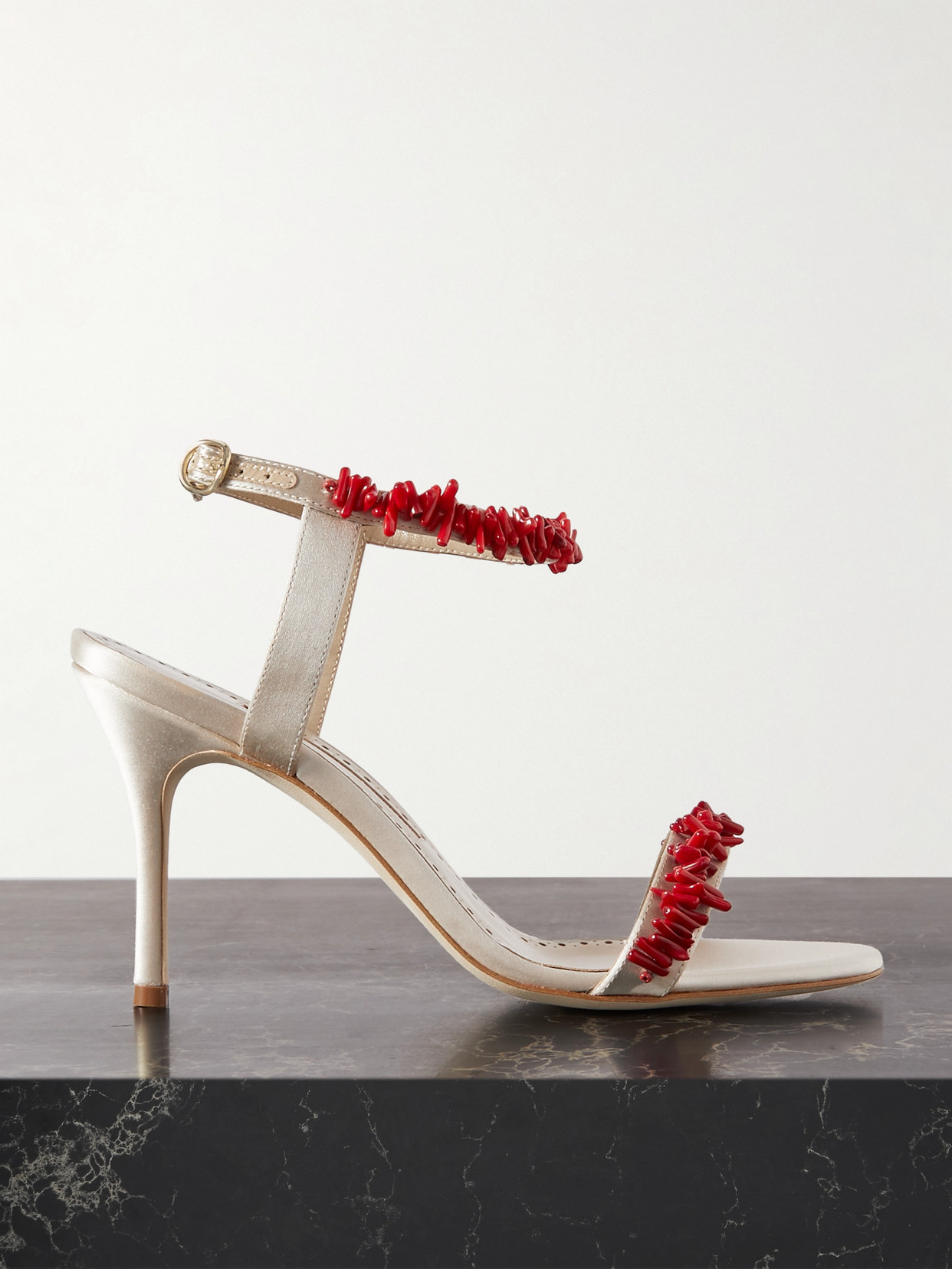 Manolo Blahnik - Cienzan 90 Bead-embellished Satin Sandals - Cream