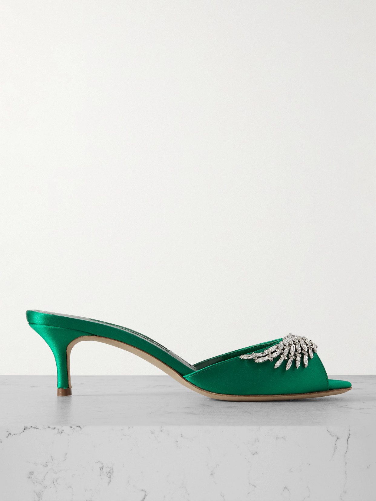 Shop Manolo Blahnik Lumada 50 Crystal-embellished Satin Mules In Green