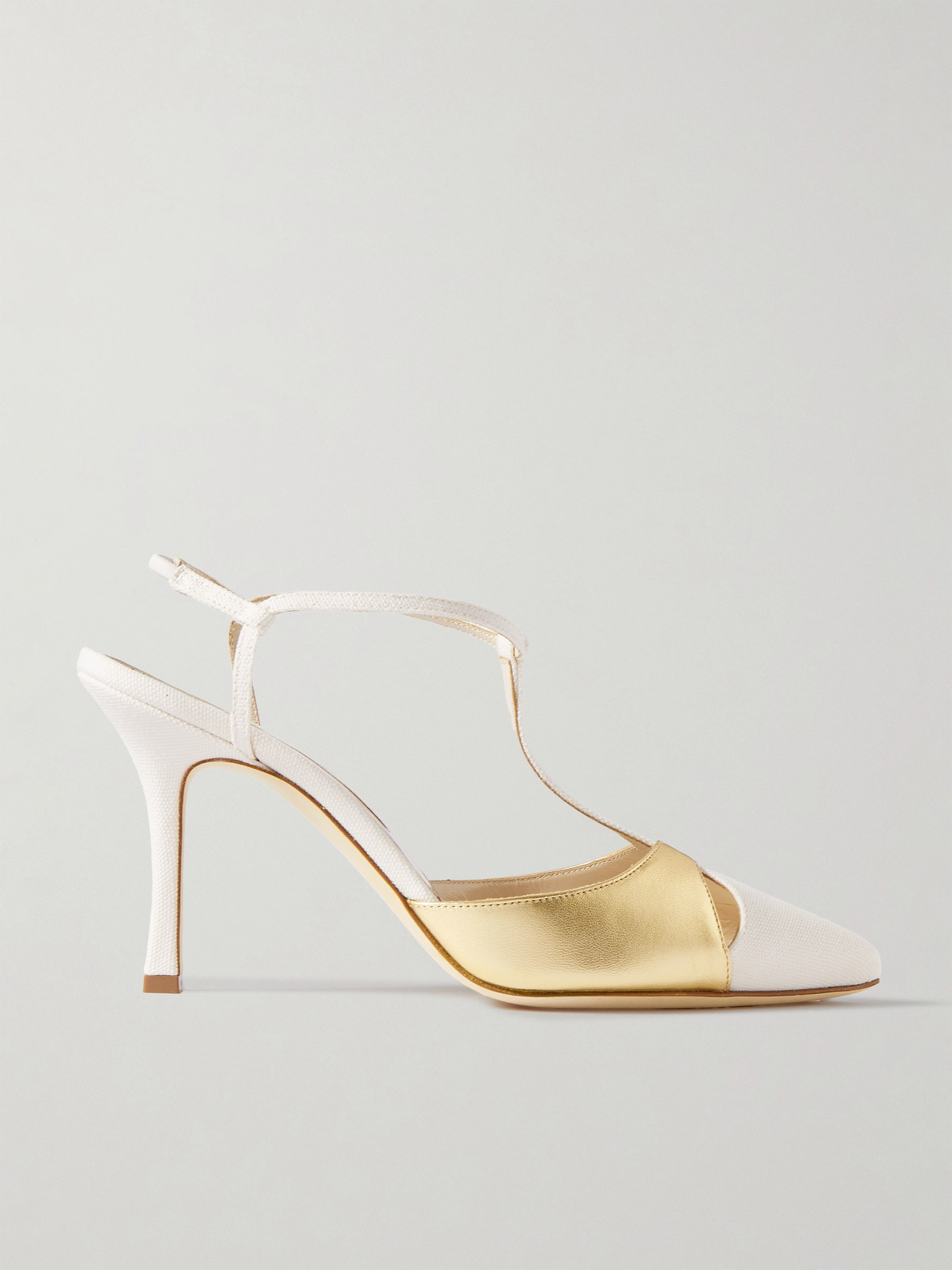 Manolo Blahnik Turgimod 90 Cotton-canvas And Metallic-leather Slingback Pumps In Gold