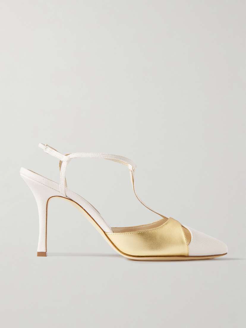 Manolo Blahnik Turgimod 90 Cotton-canvas And Metallic-leather Slingback Pumps