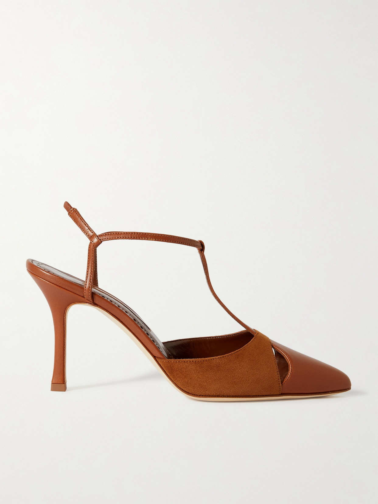 Manolo Blahnik - Turgimodhi 90 Cutout Leather And Suede Slingback Pumps - Brown