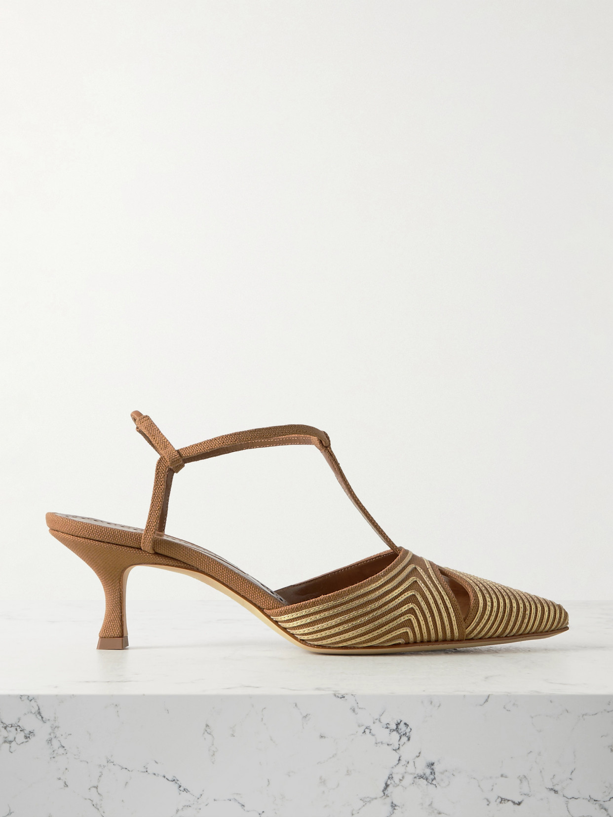 Manolo Blahnik Turgimod Ri 50 Cutout Metallic Leather-trimmed Canvas Slingback Pumps In Brown