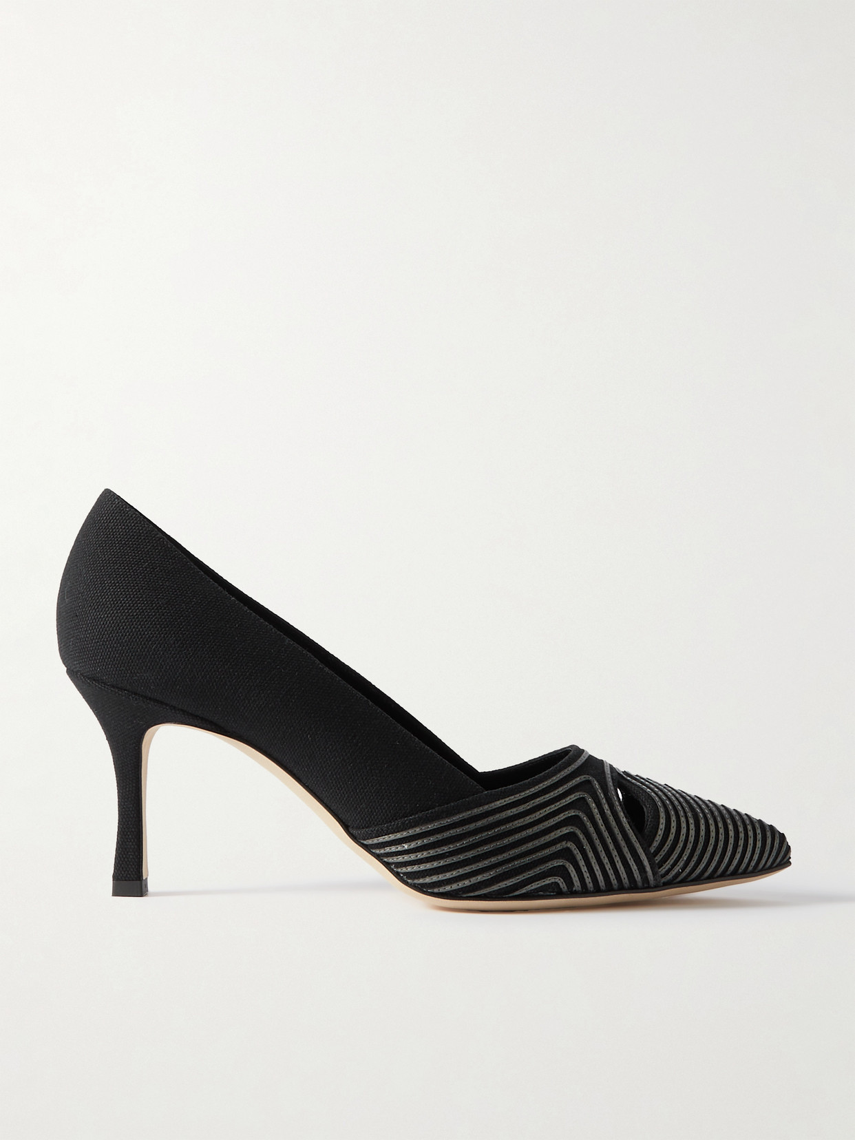 Manolo Blahnik Turgipump Metallic Leather-trimmed Canvas Point-toe Pumps In Black