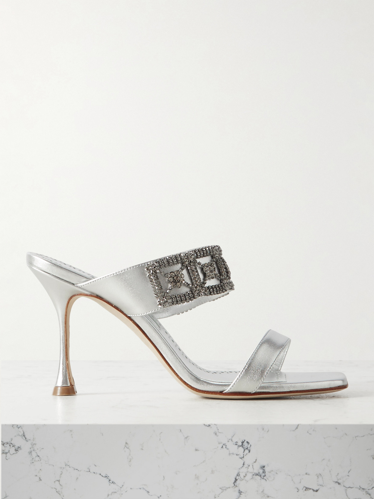 Manolo Blahnik - Larapa 90 Crystal-embellished Metallic Leather Sandals - Silver