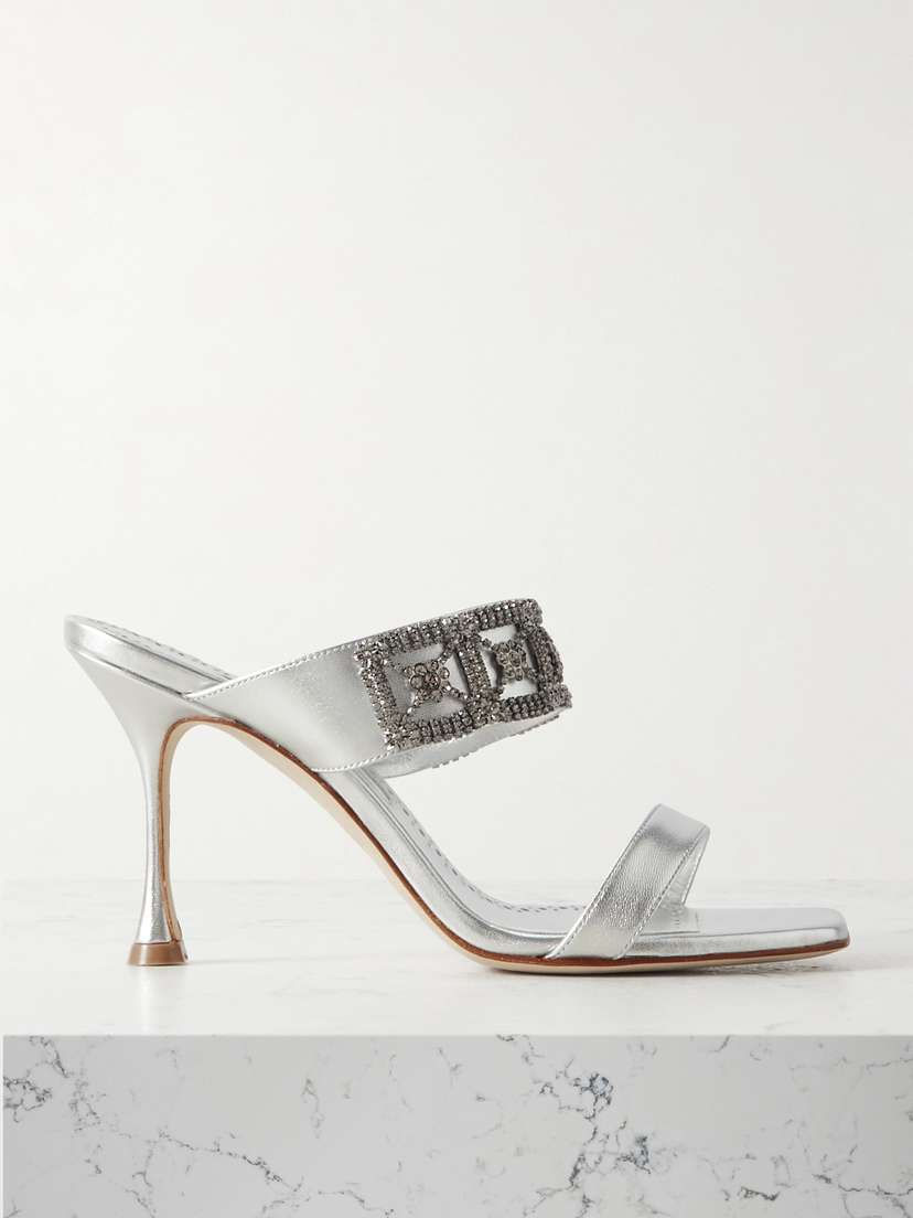 Manolo Blahnik Larapa 90 Crystal-embellished Metallic Leather Sandals