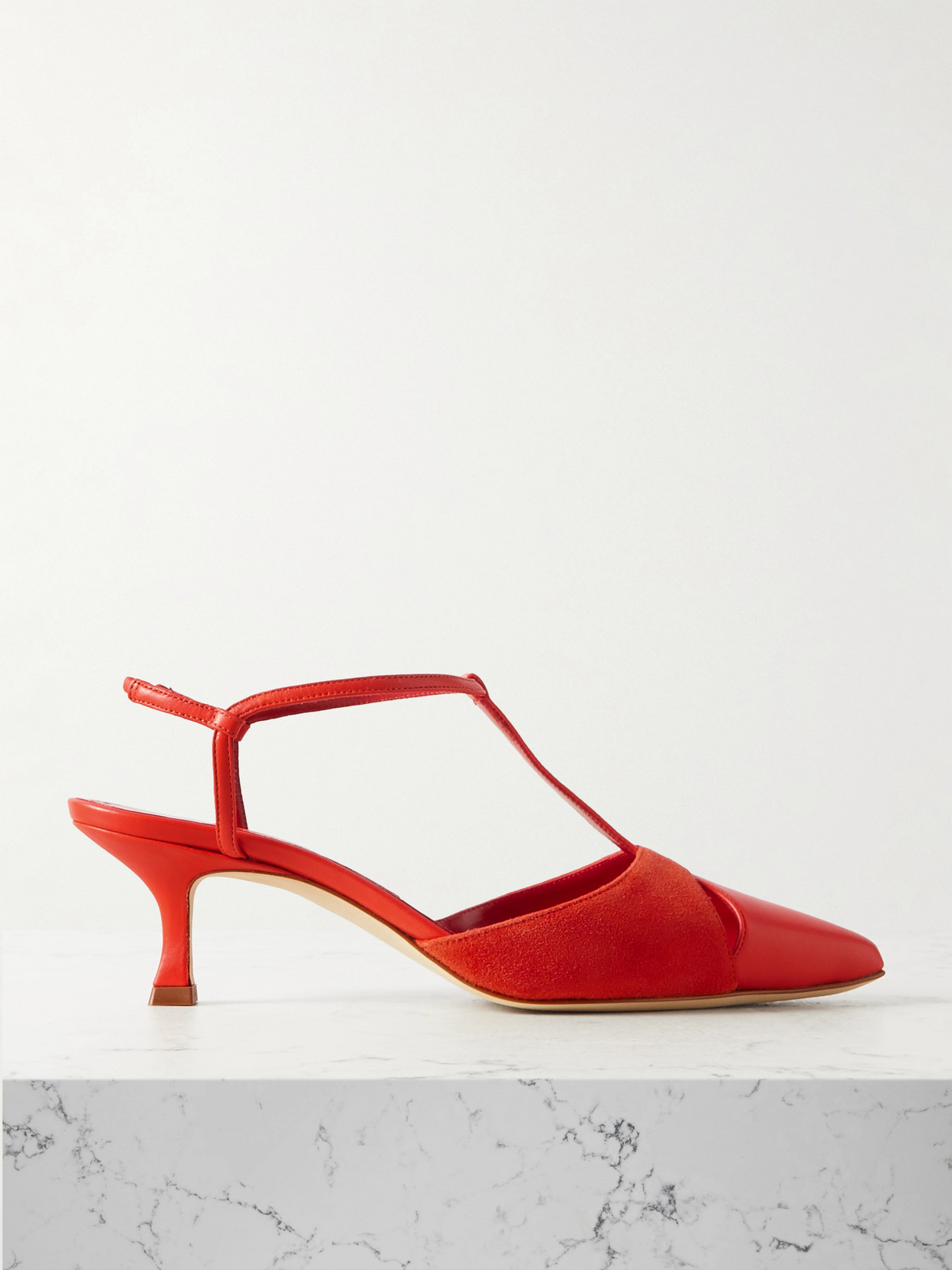 Manolo Blahnik - Turgimod 50 Cutout Leather And Suede Slingback Pumps - Orange