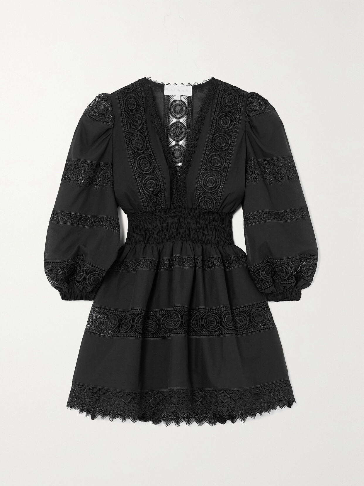 Waimari + Net Sustain Mar De Plata Guipure Lace-trimmed Poplin Mini Dress In Black