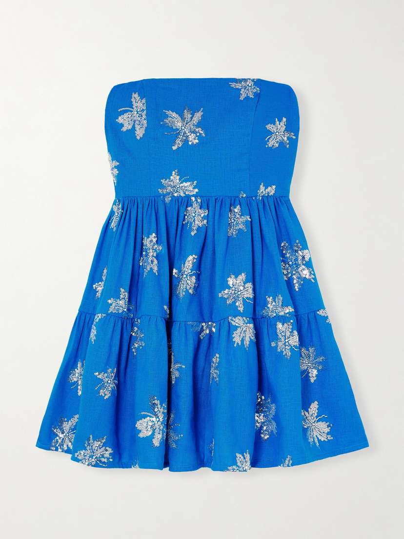 WAIMARI + Net Sustain Stardust Strapless Embellished Tiered Woven Mini Dress