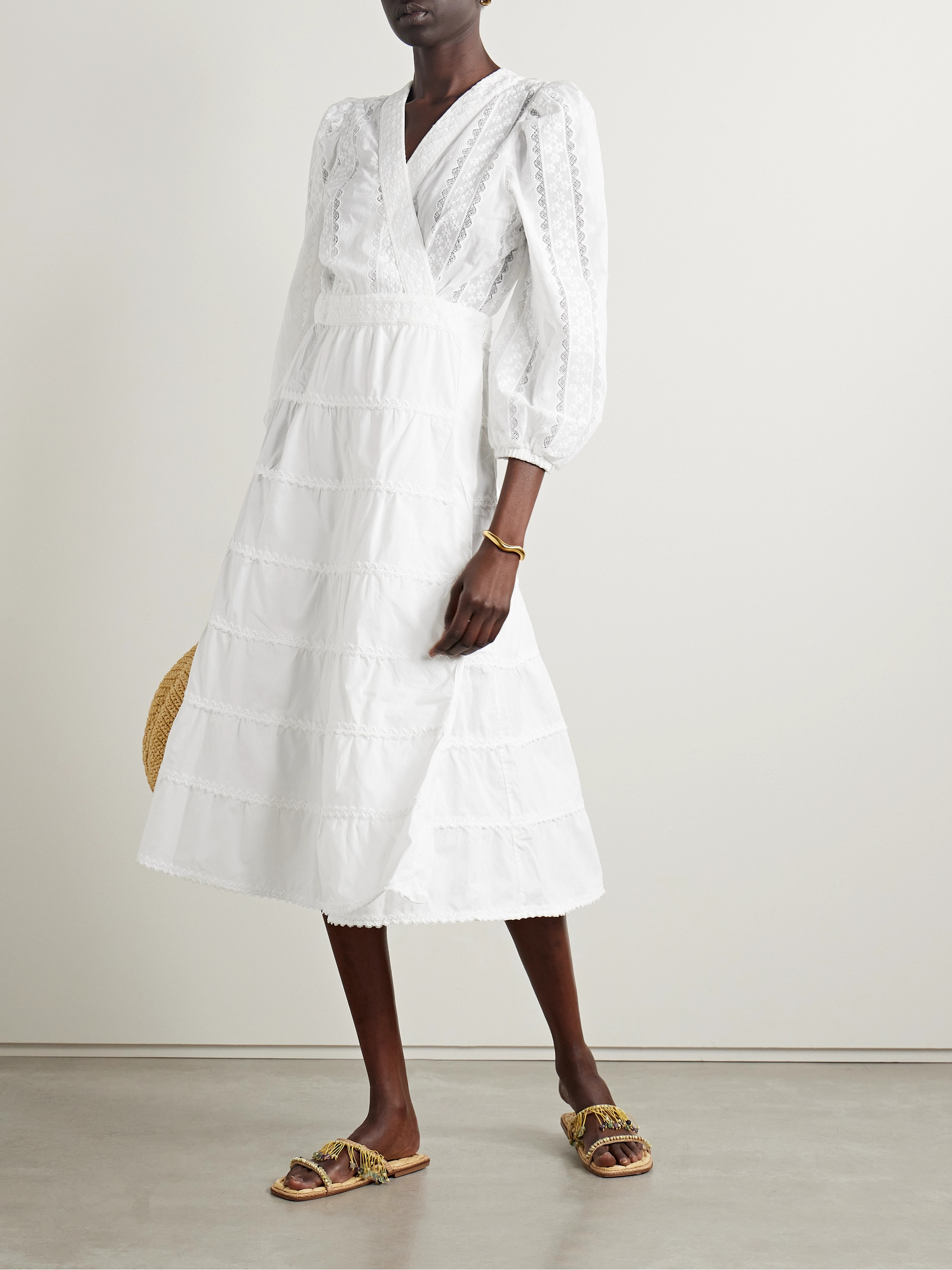 WAIMARI + NET SUSTAIN Aurora lace-trimmed embroidered cotton-blend wrap dress