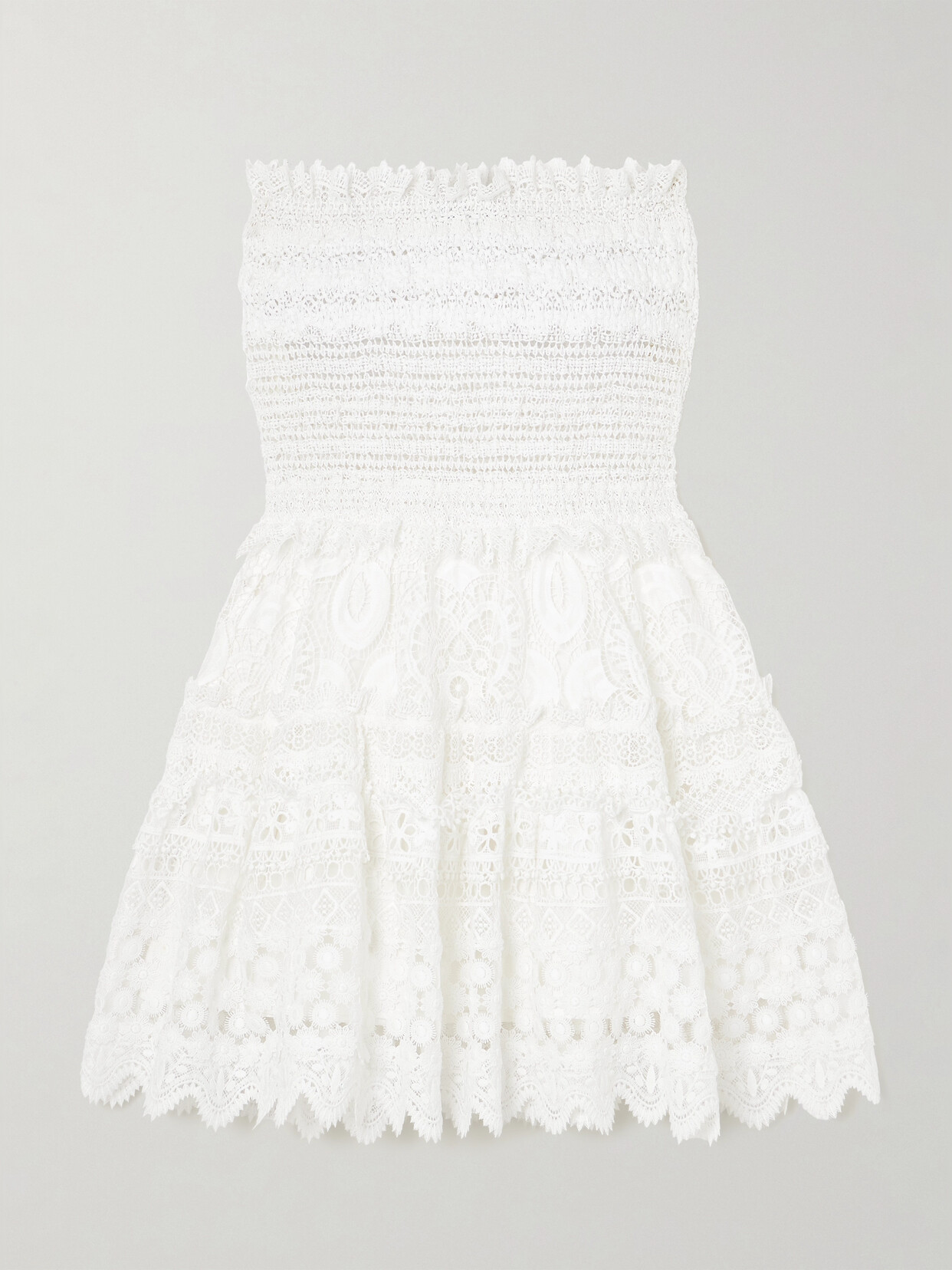 Shop Waimari + Net Sustain Vallarta Scalloped Tiered Crocheted Mini Dress In White