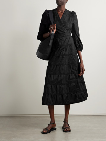 WAIMARI + NET SUSTAIN Aurora lace-trimmed embroidered cotton-blend wrap dress
