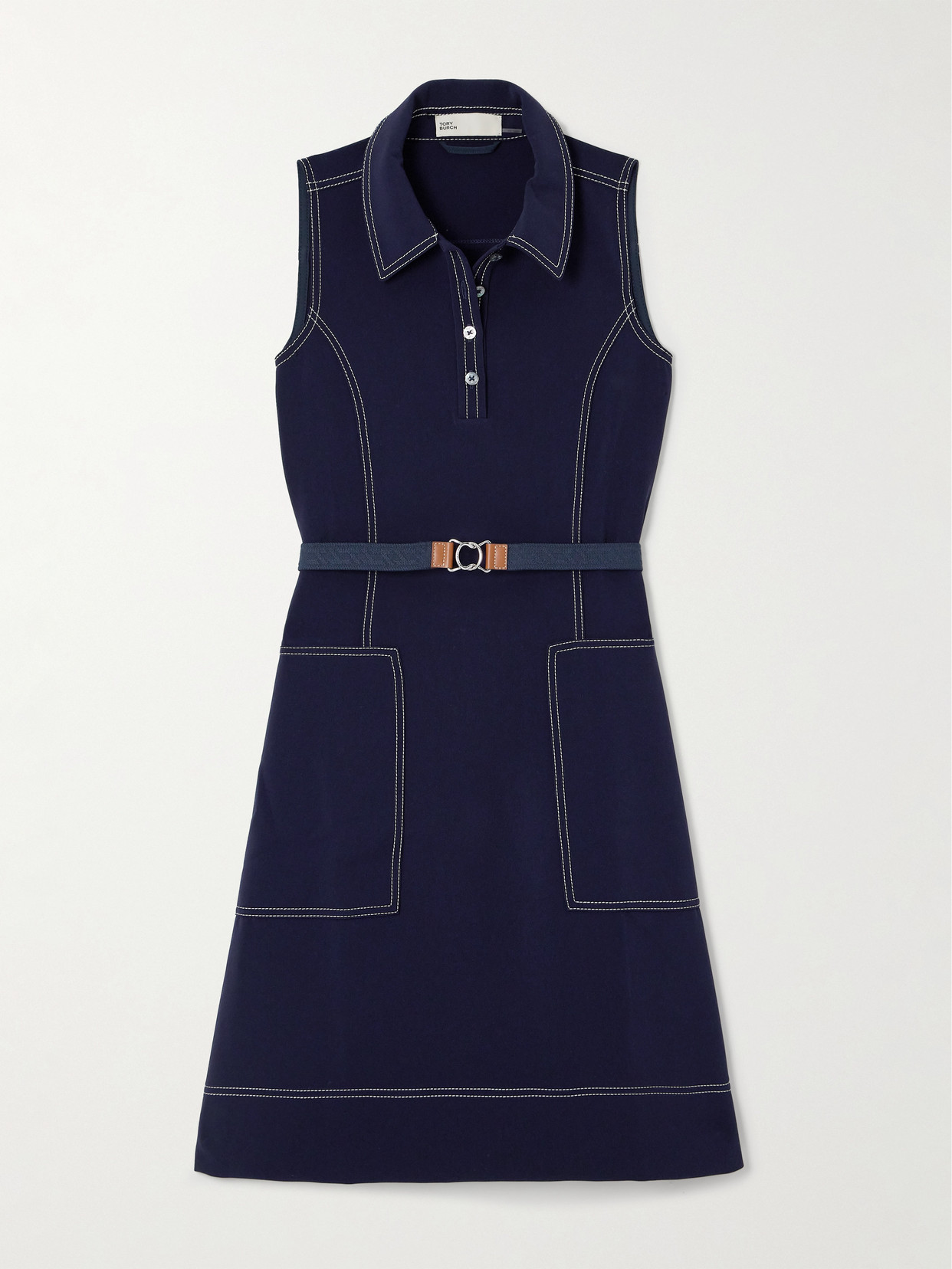 Shop Tory Sport Belted Stretch-jersey Mini Dress In Blue