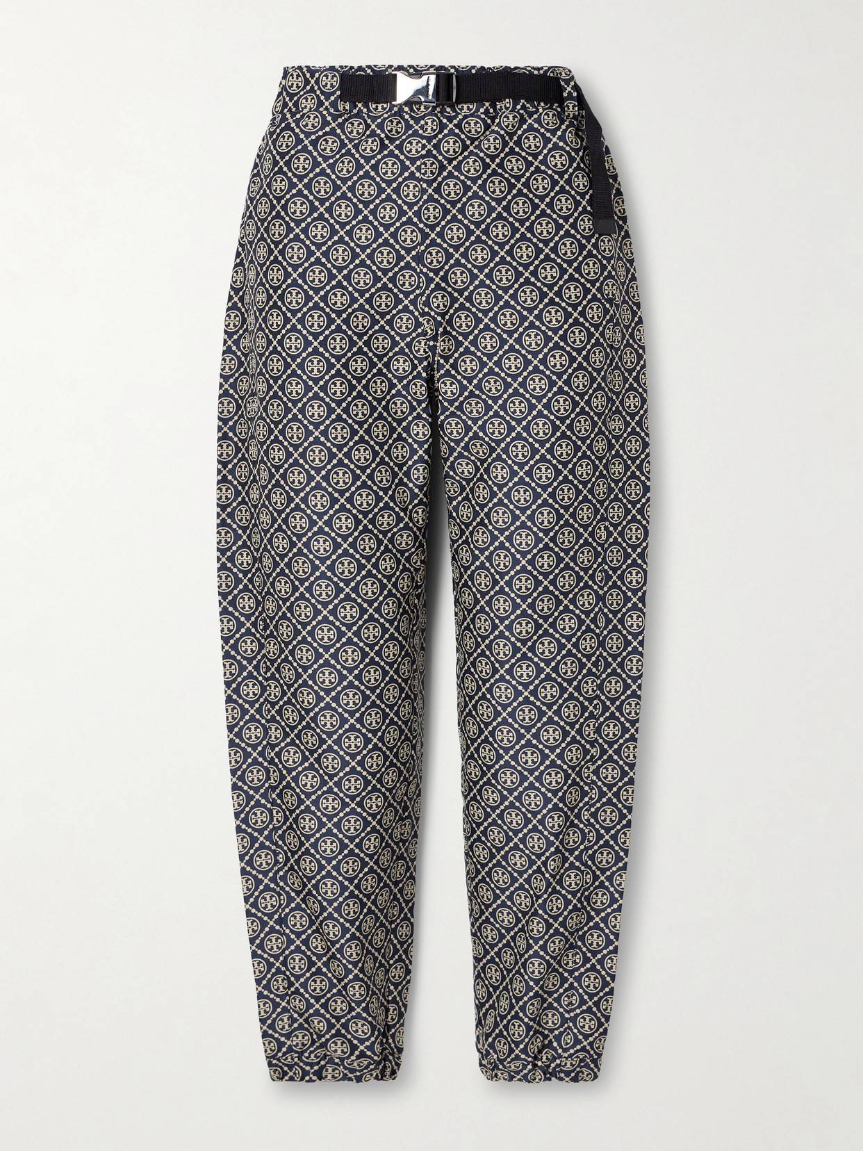 Tory Sport Belted Twill-jacquard Tapered Track Pants In Blue