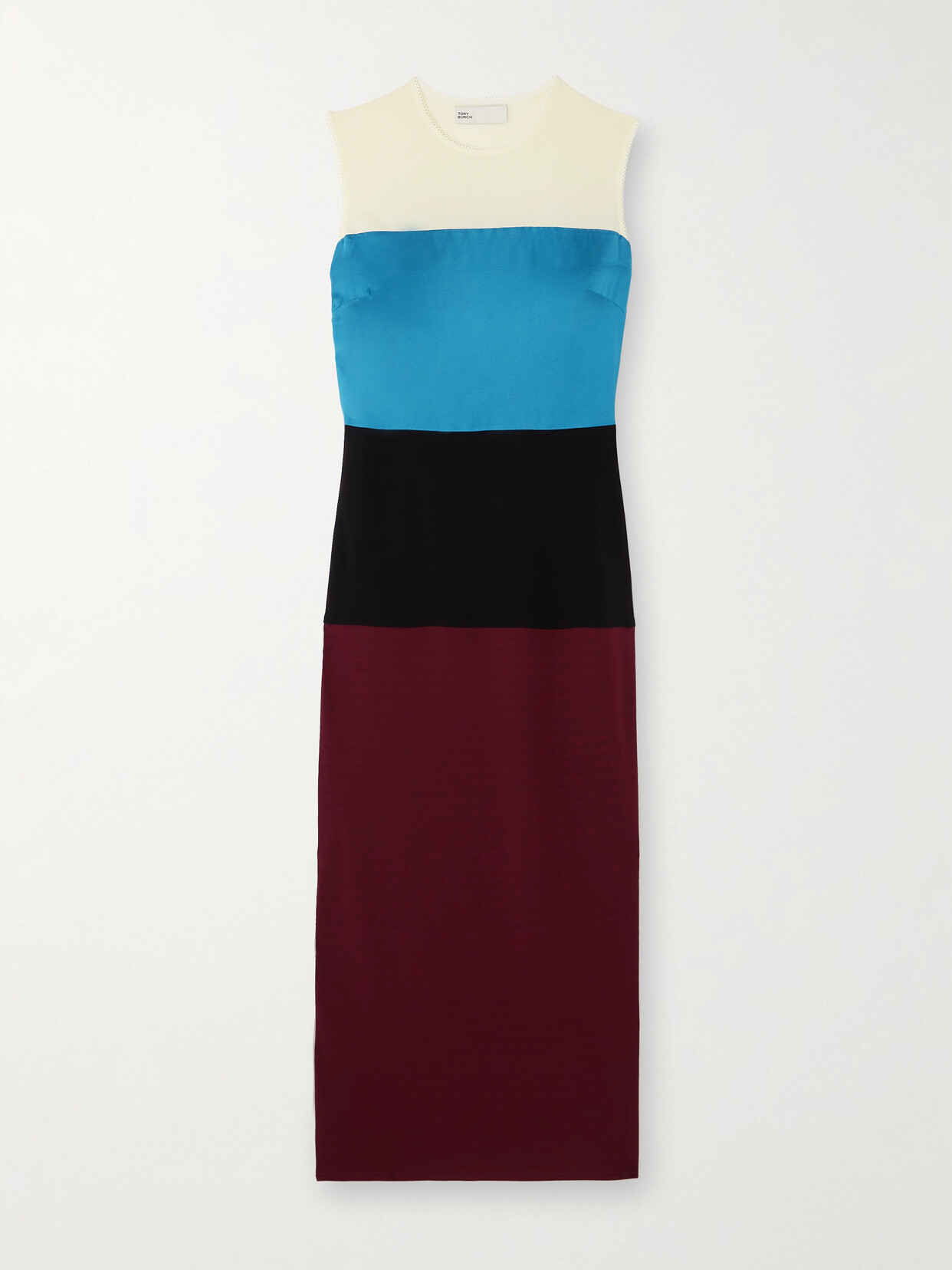 Shop Tory Burch Color-block Stretch-mesh, Jersey And Satin Midi Dress In Black